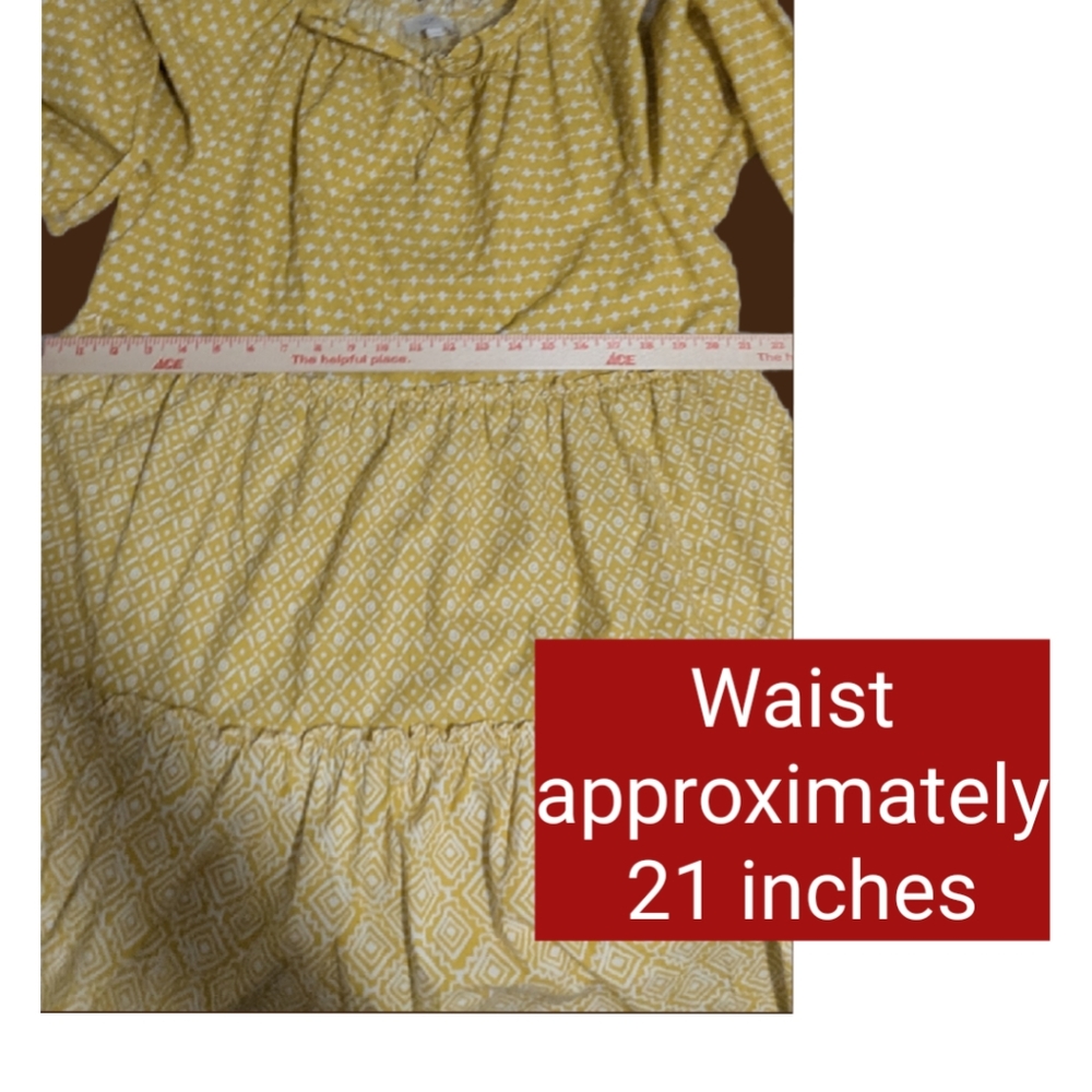 Loft Tiered Cotton Dress Sz M  Mustard Yellow Multi Print Knee Puff Sleeve 🌼(4) - Picture 8 of 16